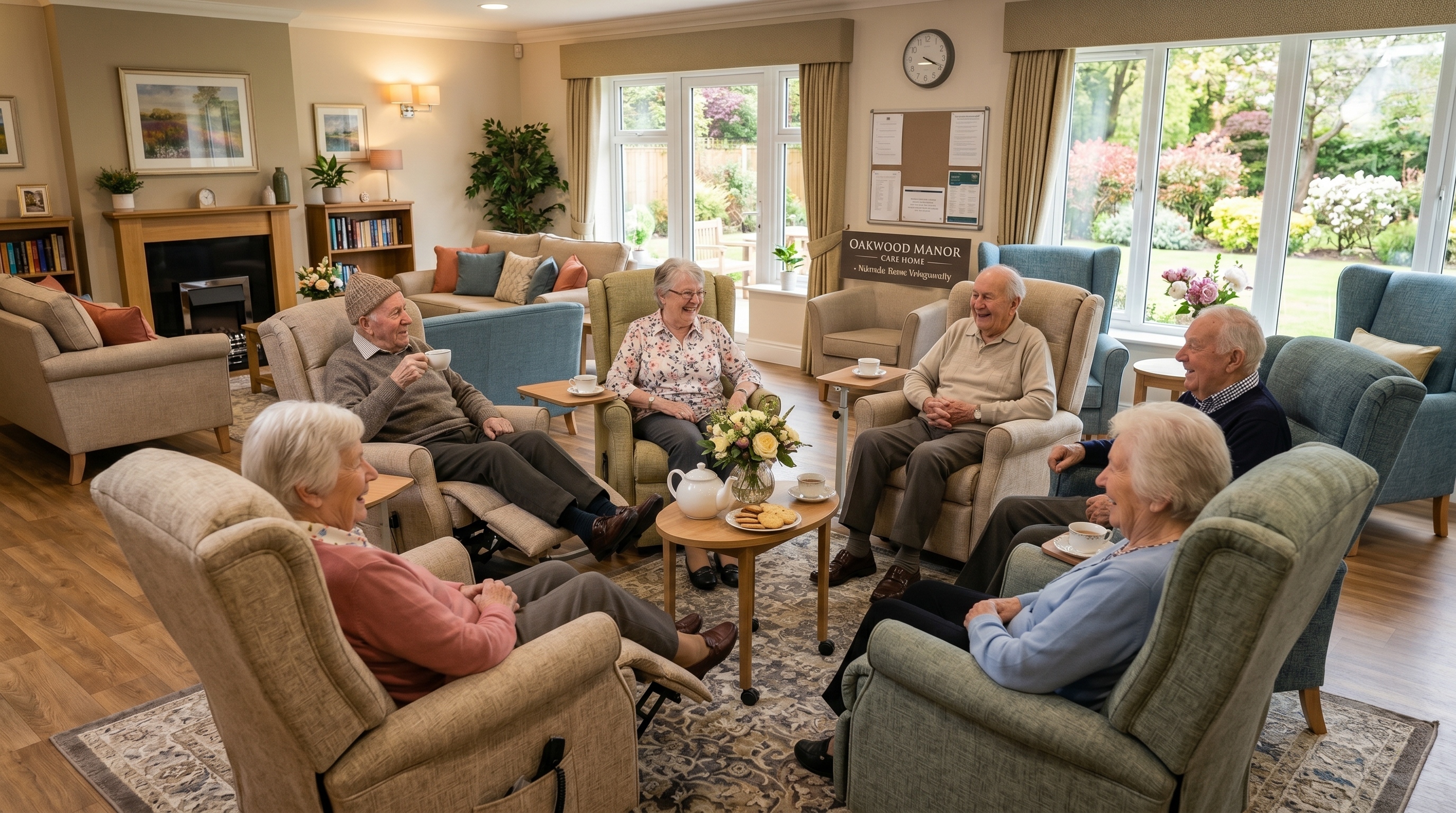 Residents socialising in a bright, welcoming care home lounge